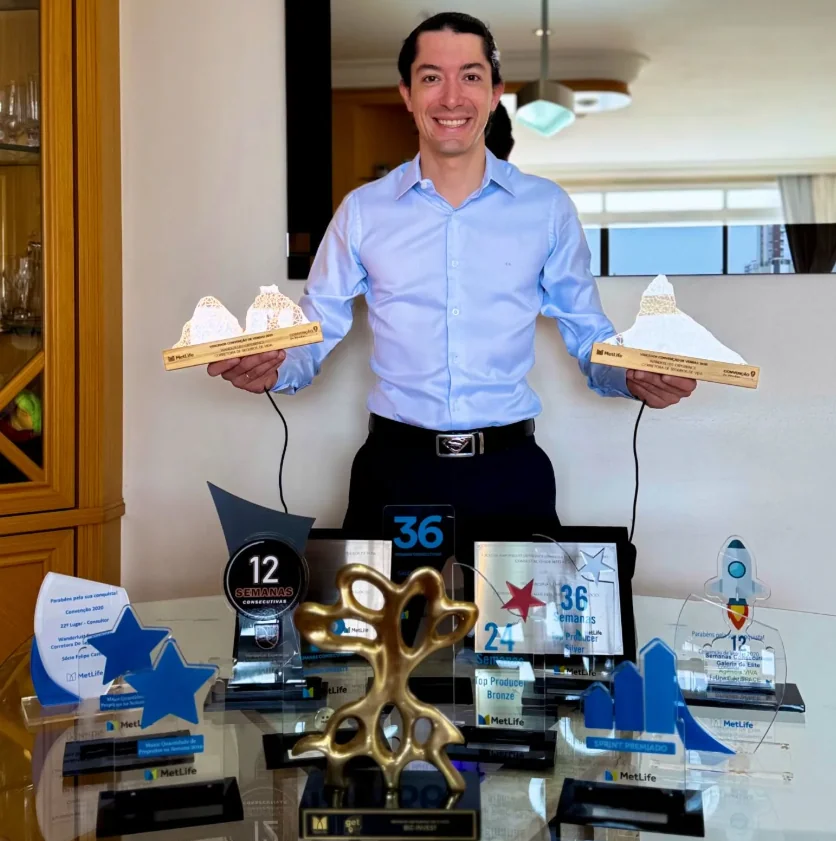 Felipe Castilho com seus troféus e reconhecimentos profissionais